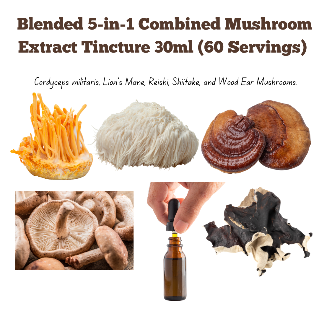 Mushroom Extract Tincture a potent fusion of Cordyceps militaris, Lion's Mane, Reishi, Shiitake, and Wood Ear Mushrooms 30ml (60 Servings)