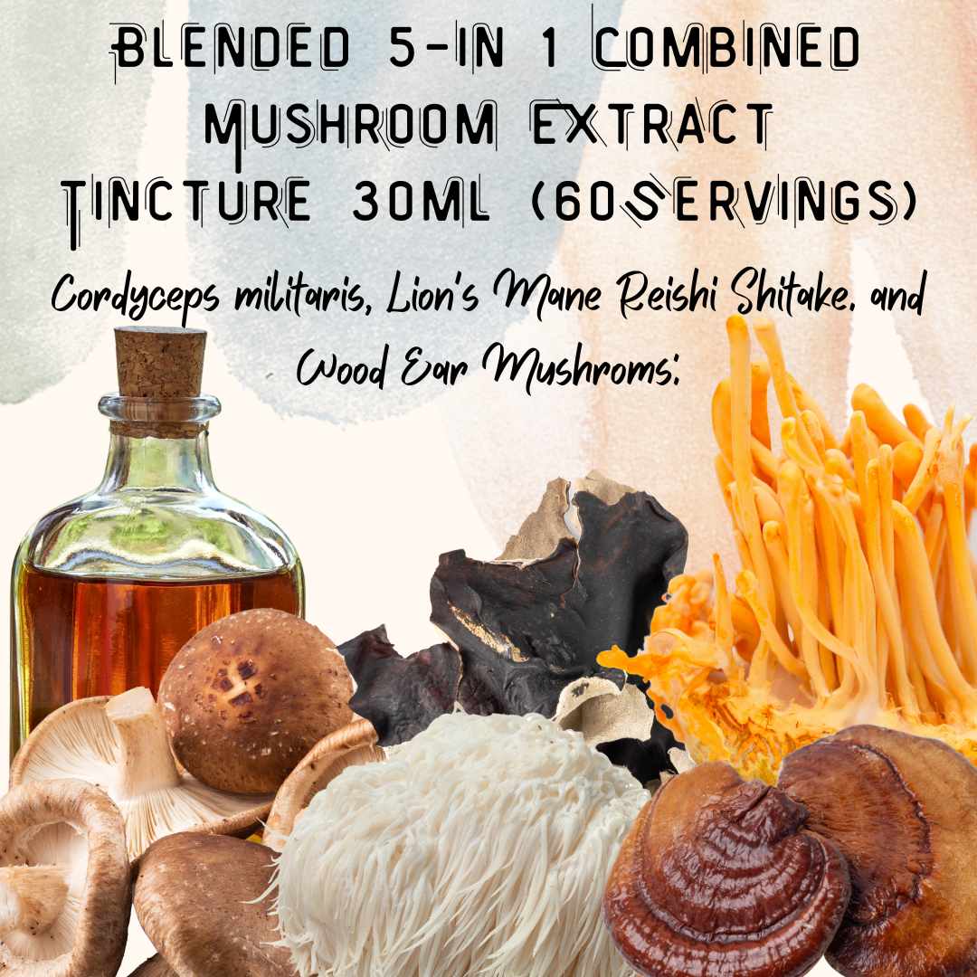 Mushroom Extract Tincture a potent fusion of Cordyceps militaris, Lion's Mane, Reishi, Shiitake, and Wood Ear Mushrooms 30ml (60 Servings)